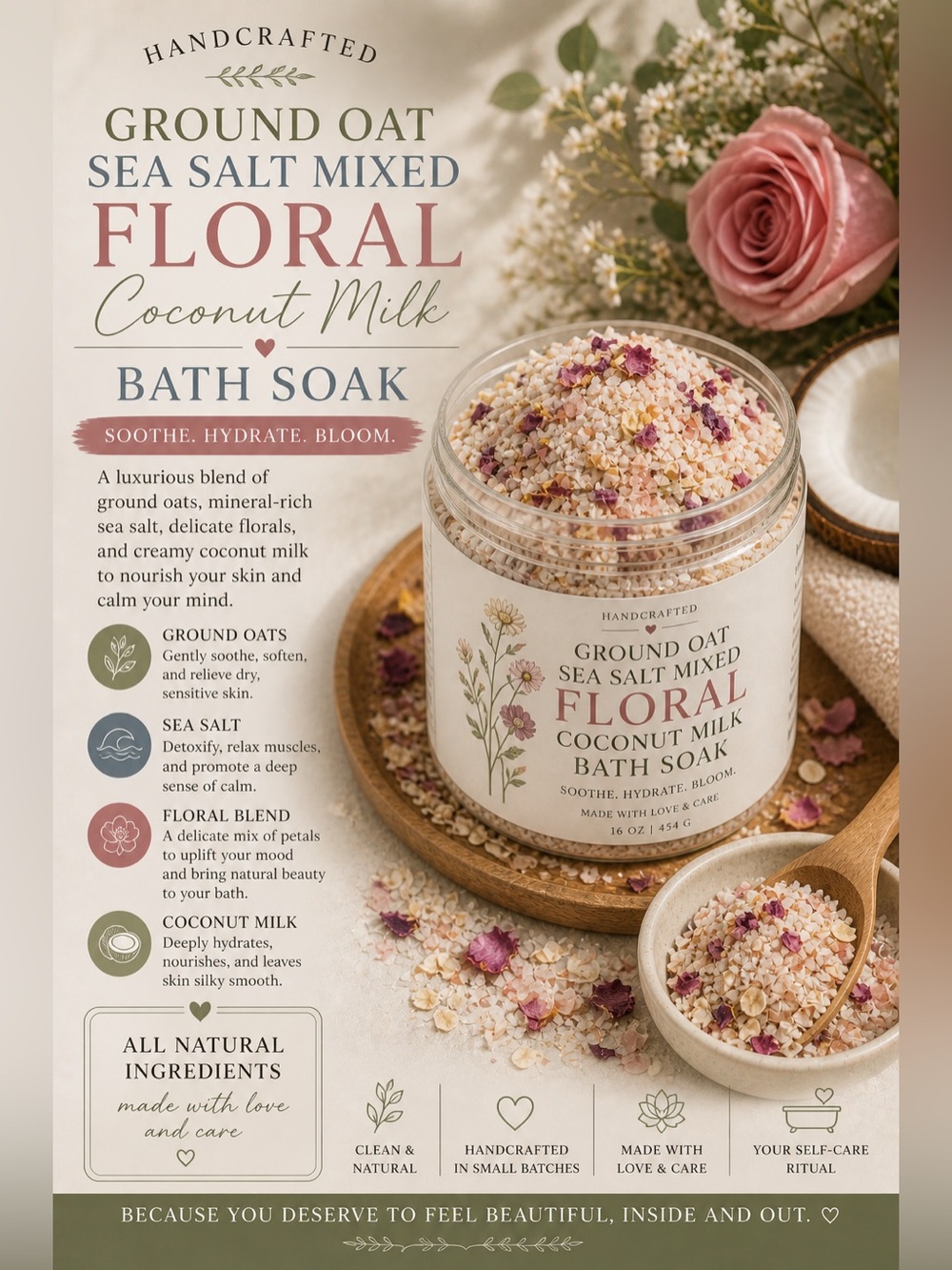 Handcrafted Ground Oat Sea Salt Mixed Floral Coconut Milk Bath Soak